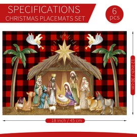 Christmas Placemats Set of 6, Merry Christmas Nativity Table Mats Kitchen Mat for Dining Table, Washable Linen Xmas Holy Night Dining Place Mat Table Decoration for Holiday Decor, 12 x 18inch