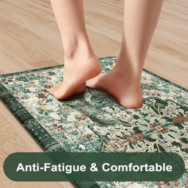 KIMODE Kitchen Mats Cushioned Anti Fatigue, Boho Oriental Kitchen Rugs 17"x47"+17"x29", Non Slip Kitchen Mats for Floor, Padded Kitchen Floor Mats for Sink Laundry Office Desk Green Multi