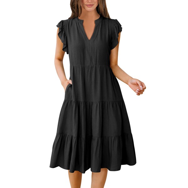 Prinbara Womens Summer Floral Midi Dresses Ruffle Sleeve V Neck