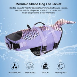 Dog Life Jacket, Adjustable Dog Life Vests Pet Life Preserver with Rescue Handle for Small Medium Large Dogs, Safety Lifesaver High Visibility Dog Swimsuit for Swimming Boating, Purple Mermaid XL