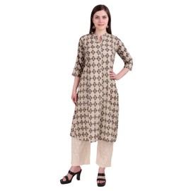 Ladyline Women's Lawn Cotton Tunic Top Ethnic Printed Front 3/4 Sleeves Button Down Long Kurti Kurta (CPK LFPR) (44/ Beige)