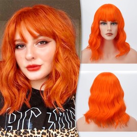 BARSDAR Pastel Wavy Wig Fluffy Lovely Curly Wigs with Bangs 14 Inches Soft Heat Resistant Synthetic Hair Shoulder Length Cosplay Party Wig with Free Wig Cap for Women/Girl- Bright Orange