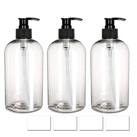 EZProUSA - Botellas vacías de plástico para bomba de champú con etiquetas impermeables, aceites esenciales recargables sin BPA, a prueba de fugas, 16 onzas / 500 ml transparente, paquete de 3