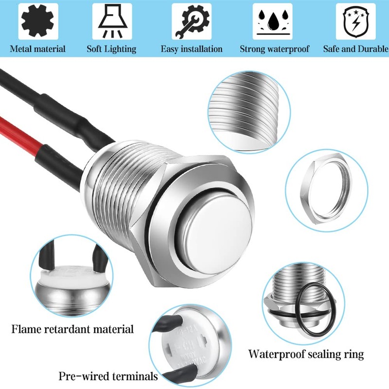 Gebildet 3 Pcs Prewired Waterproof Push Button Latching Self-Locking Stainless