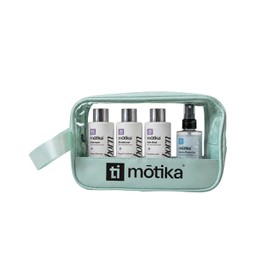MOTIKA Travel Kit para Cabello | Shampoo Reborn + Bonditioner hidratante + Hair Mask ultra reparadora + Good Hair Day Leave In | Suavidad instantanea, Repara, protege, desenreda y Controla el Frizz | Incluye Cosmetiquera Green de Regalo