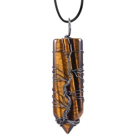 Nupuyai Tiger's Eye Tree of Life Crystal Point Pendant Necklace for Women Men, Wire Wrap Amulet Stone Pendant Jewelry