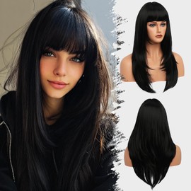 EssionTech Black Wig With Bangs Long Wavy Straight Wig with Layered Hair Synthetic Heat Resistant Wigs for Women Daily Party Use 26 Inches