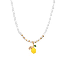 Elegant Lemon Necklace for Women Charm Faux Pearl Beaded Chain Funny Simulated 3D Lemons Cute Lifelike Fruits Pendant Choker Necklaces Dainty Imitation Cubic Zirconia Theme Beach Jewelry for Summer
