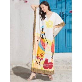Oussum Women Polyester Casual Kaftan Long Plus Size Summer Beach Caftan Cover Ups Maxi Dresse for Ladies (Multicolor Tribal Printed Caftan)