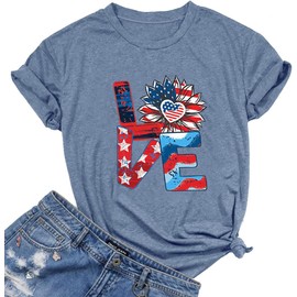 Patriotic T-Shirt for Women Sunflower USA American Flag Fourth July Love Letter Printed Tee Shirts Star Stripe Tops, Ink Blue L
