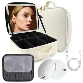Travel Makeup Bag for Makeup Artists Large Makeup Case,with Mirror 3 Color Setting and Detachable 10x Magnifying Mirror Travel Makeup Bag,Portable Storage and Adjustable Dividers Makeup Bag（white）