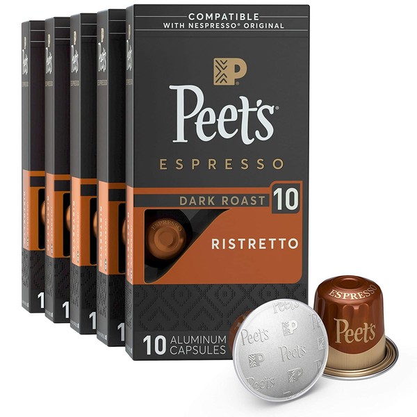 Peet's Coffee Espresso Capsules Ristretto, Intensity 10, 50 Count Single Cup Coffee Pods Compatible with Nespresso Original Brewers