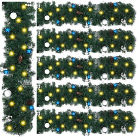 Yunlly 6 Packs 9 Ft Teal Garland Snow Flocked Battery Operated Garland with 50 Lights, Lighted Prelit Needle Pine Garland with Balls and Pine Cones for Stairs Railing Outdoor Valentine's Day Decor