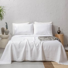 meadow park 100% Washed French Linen Sheet Set-King Size-White Linen-4 Pieces (1 Flat Sheet, 1 Fitted Sheet & 2 Pillowcases), 16" Deep Pocket, Breathable,Ultra Soft and Durable