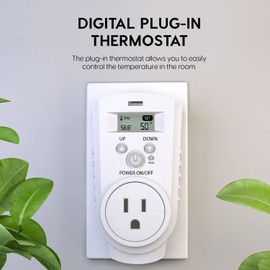 EconoHome Digital Plug in Thermostat - Programmable Thermostat with LCD Screen, Temperature Control & Power Buttons - Compatible with Wall Mount & Portable Heater, Air Cooler, Greenhouse Fans