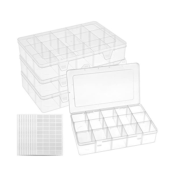 BAKHUK 4 Pack 15 Grids Storage Container Plastic Washi Tape Organizer, 15 Compartments Clear Craft Box with Adjustable Divider Removable for Sewing, Tackle, Thread, Art DIY, Beads,10.8x6.5x2.2in