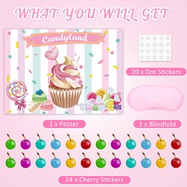 JOARHONAL Pin the Cherry on the Cupcake - Candyland Party Posters 20" x 28" Candy Land Poster with 24 Reusable Stickers Candy Birthday Party Sets