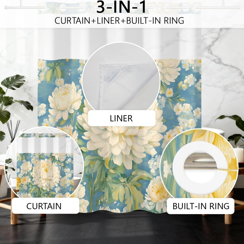 NAEMBCU Watercolor Floral No Hook Shower Curtain with Snap-in Liner
