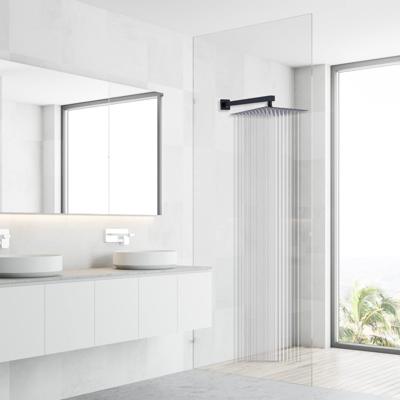 Rain Shower Head Black with Extension Arm 16 Inch Square