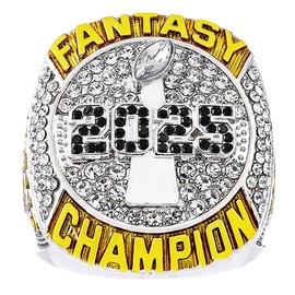 2025 Fantasy Football Championship Ring | Heavy FFL Champion Ring | Gold Silver Tone Plated Award Trophy for Fantasy Football League Winner (ring and stand together, size 13)