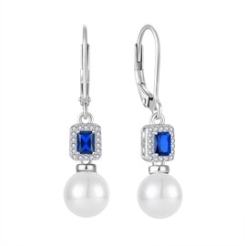 Inpasne Pearl Drop Earrings Dangling 925 Sterling Silver Sapphire Earrings Emerald Cut September Birthstone Jewelry for Women