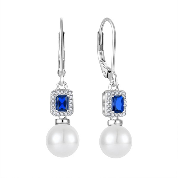 Inpasne Pearl Drop Earrings Dangling 925 Sterling Silver Sapphire Earrings