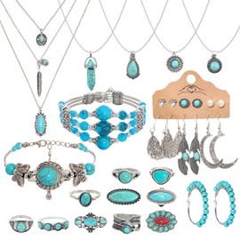 Gvhntk 24 Pcs Western Jewelry for Women Boho Set Bohemian Turquoise Jewelry Set Turquoise Pendant Long Necklace Vintage Layer Bracelet Earrings (Multiple style, 24)