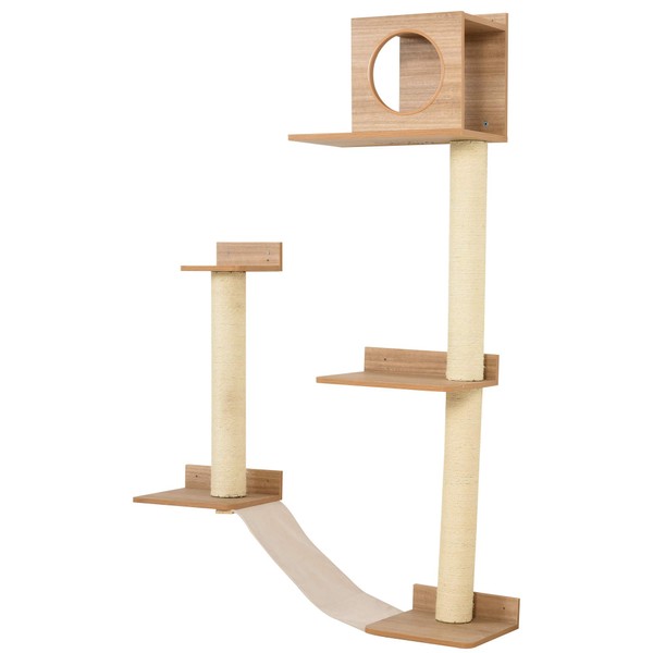 PawHut Wall-Mounted Multi-Level Cat Tree Activity Tower with Sisal-Covered Scratching