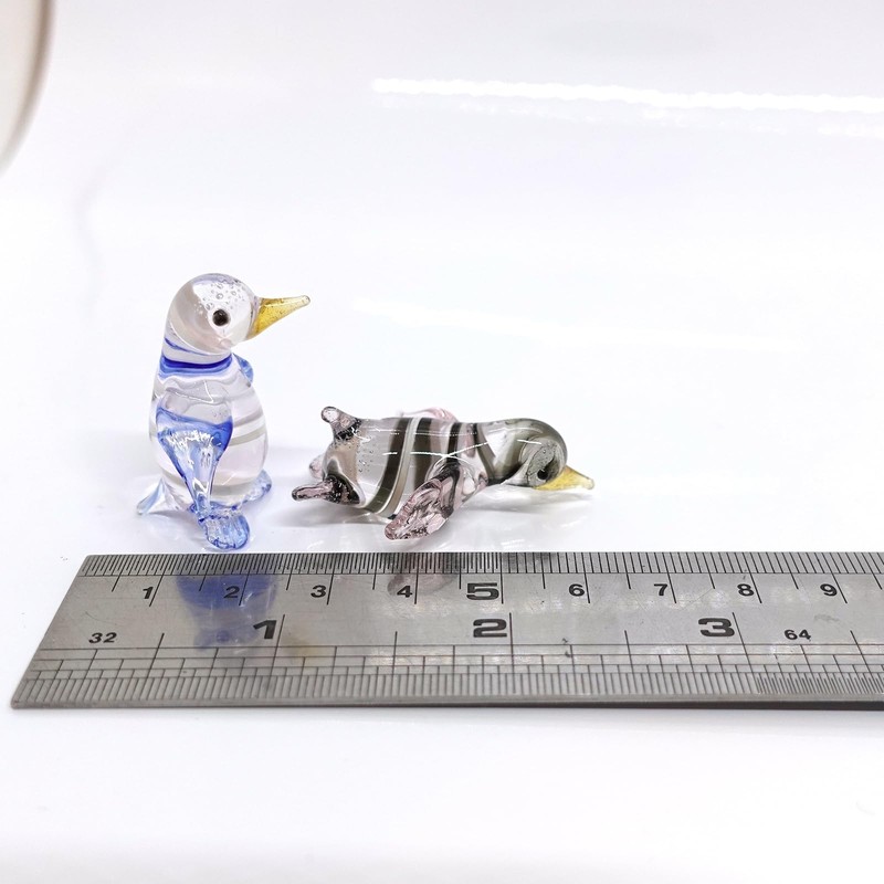 Sansukjai 2 Penguins Miniature Figurines Animals Hand Blown Glass Art