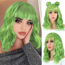 Green Wigs for Women Short Wavy Bob Wig with Bangs Shoulder Length Natural Wavy Synthetic Wig Short Fluffy Bob Curly Wigs Cosplay Party Costume Wigs（Mix Green 14 Inch）
