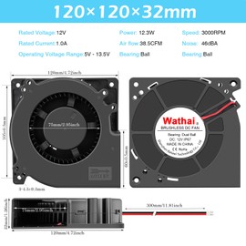 Wathai 12V DC 120mm x 32mm Blower Fan IP67 Waterproof Dual Ball Brushless Motor 5inch 2Pin High Airflow for DIY Inflatable or Exhaust Cooling