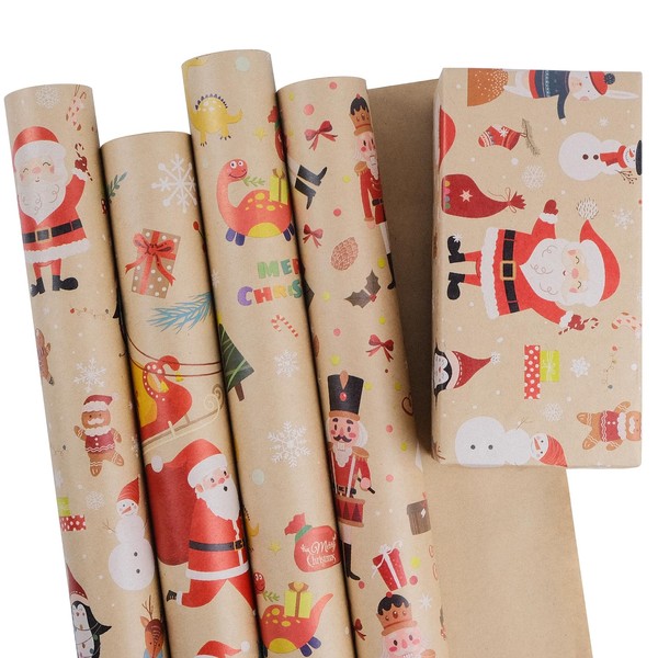 Aimyoo Kraft Christmas Wrapping Paper Bundle Roll, Santa Dinosaur Nutcracker