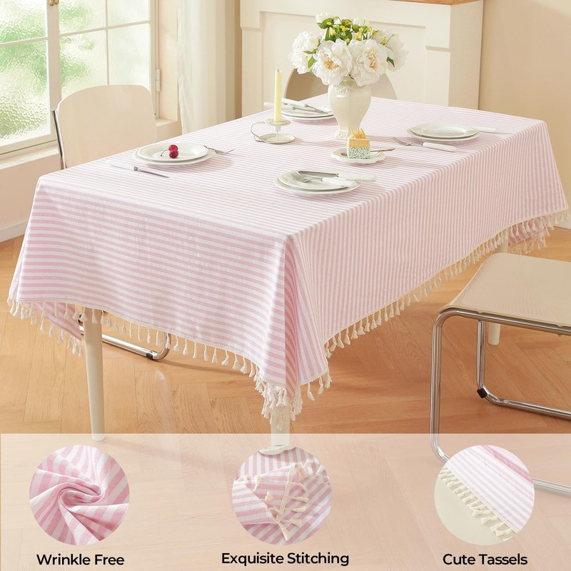 meioro Striped Tassel Table Cloth Square Kitchen Tablecloth, Pink, 90×90cm