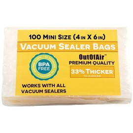 OutOfAir 100 Vacuum Sealer Bags: 4" x 6" Pre Cut Bags - Works with FoodSaver & Other Machines - 33% Thicker BPA Free, 4 Mil Commercial Grade, 4 x 6 inches
