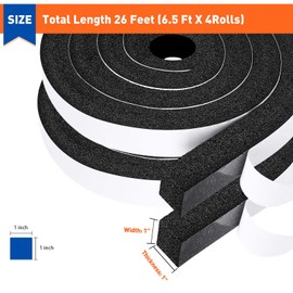 MAGZO Weather Stripping Door Seal 1 Inch W X 1 Inch T X 26 Ft Total Length, Strong Adhesion and High Resilience Air Conditioner Foam Insulation (6.5ft x 4 Rolls)