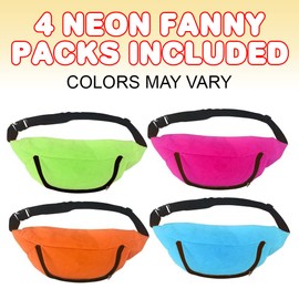 ArtCreativity Neon Fanny Packs for Kids, Set of 4, Colorful Waist Bags with Single Zippered Pocket and Adjustable Strap, Neon Party Supplies, 80’s and 90’s Costume Accessories
