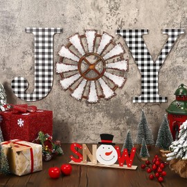 Blulu 3 Pcs Christmas Joy Letter Sign Buffalo Check Plaid Letter 12 Inch Wooden Large Joy Sign Rustic Plaid Wood Windmill Wall Sculpture Home for Christmas Farmhouse (Black White,Plaid)