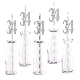 Silver Happy 34th Birthday Straw Decor, Silver Glitter 24pcs Cut-Out Number 34 Party Drinking Decorative Straws, Supplies
