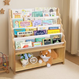 JGMZTZT Kids Book Shelf, Natural Wood Large Size 4 Tier Fabric Sling Bookshelf, Toddler Bookcase Toy Organizers Storage, Book Rack Display Shelves for Baby Nursery Kids Room Playroom