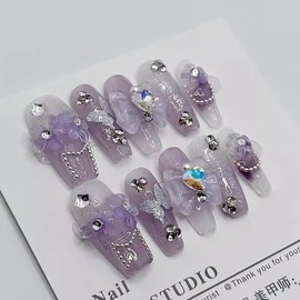 Handmade Fake Nails Long Purple Rhinestones Bow Flowers Design Press-on Nails Printing Glitter Silver Butterfly False Tips 10Pcs Size L