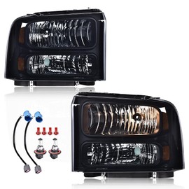 LQI Headlights Assembly Compatible with 1999-2004 Ford F250 F350 F450 F550 Super Duty/Fit 2000-2004 Ford Excursion Driver & Passenger Side Smoke lens Black Houing Amber Reflector 1C3Z13008BA