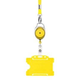 Retractable Lanyard and Badge Holder Trio Triple Pack by LanyardsTomorrow - Set Includes A Single Plain Lanyard, Extendable Carabiner Yoyo Reel Clip and Rigid ID Card Holder (Yellow)