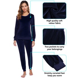 Totatuit Sweatsuit for Women 2 Piece Velour Tracksuit Pullover Outfits Velvet Sportswear Jogging with Pockets Navy Blue