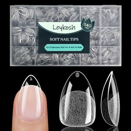 LEYKOSH Puntas de uñas Leykosh cortas almendradas, 540 unidades, transparentes, semimate, 15 tamaños.