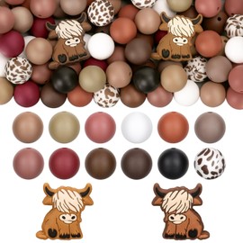 Whaline 100Pcs Dark Brown Highland Cow Silicone Bead Fall Animal Shaped Bead Brown White Loose Bead Cow Printed 15mm Western Colorful Spacer Bead for Autumn Making DIY Necklace Bracelet Keychain