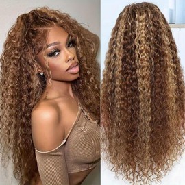 28 Inch Highlight Ombre Lace Front Wig Human Hair 13x6 HD Honey Blonde 4/27 Deep Wave Lace Front Wigs Human Hair 200% Density Colored Deep Curly Lace Frontal Wigs Human Hair Pre Plucked with Baby Hair