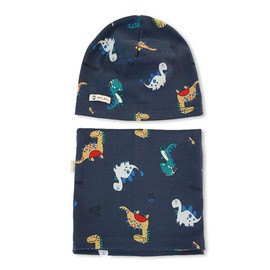 Uniyoung Baby Boys Cotton Beanie Hat and Collar Scarf Set Kids Toddler Warm Skull Cap Scarves Neck Warmer for Spring Autumn Winter (Navy Dinosaurs, 6-24 Months)