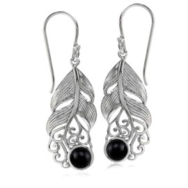 Silvershake Natural Black Onyx Stone 925 Sterling Silver Feather Victorian Style Dangle Hook Long Earrings for Women