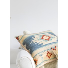 Second Nature Online - Mala Kilim Cushion Cover | Ethnic Throw Pillow Cover | Geometric Pattern Design | Handmade | 80% Wool & 20% Cotton | 70x70 cm (Blue)