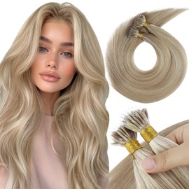 Sunny Hair Nano Beads Hair Extensions For Women Real Nano Hair Extensions Human Hair Remy Loop Ring Tip Extensions Human Hair Cold Fusion 50G/50S Warm Ash Blonde Highlight Bleach Blonde 22 inch